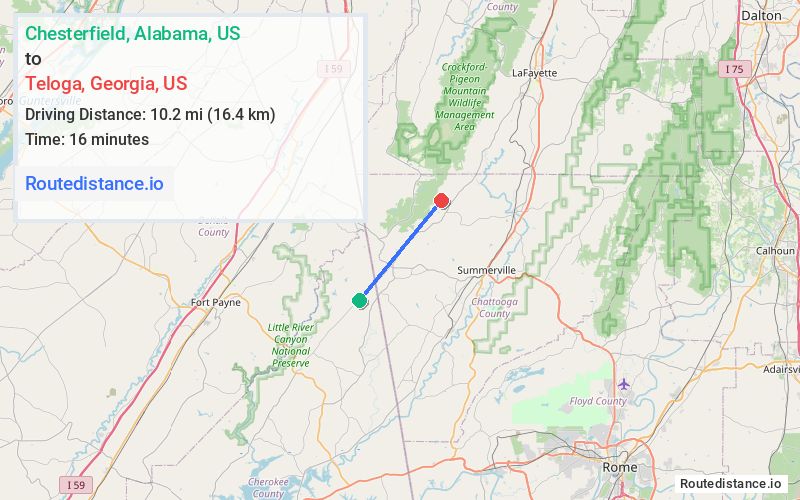 Route map from Chesterfield to Teloga