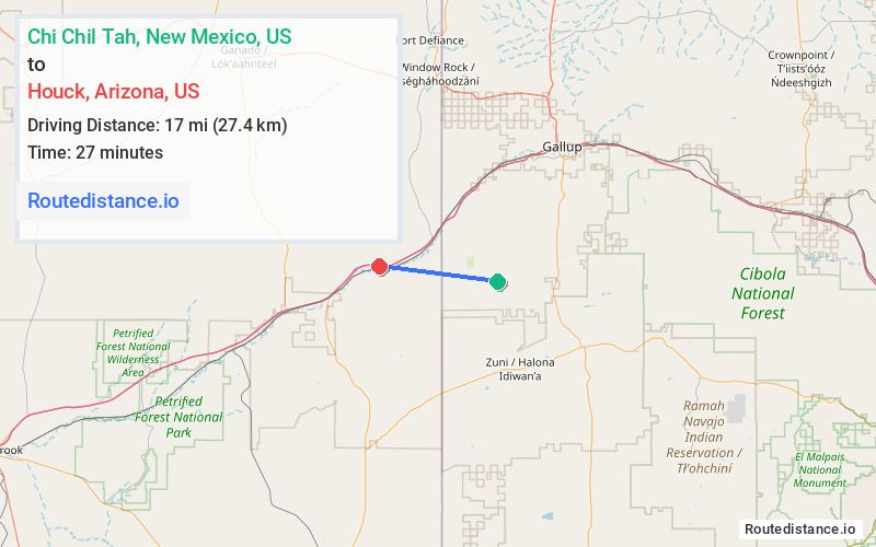 Route map from Chi Chil Tah to Houck