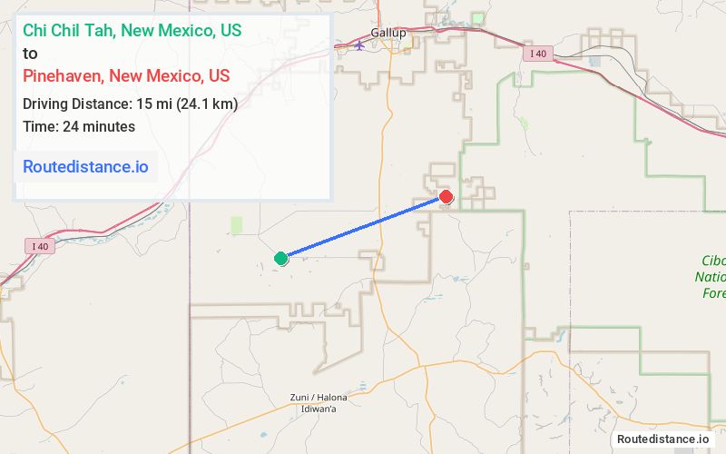 Route map from Chi Chil Tah to Pinehaven