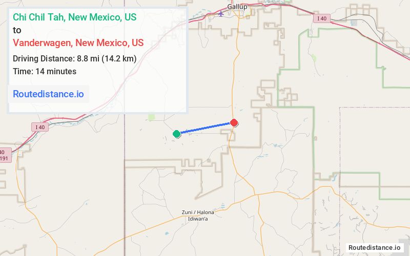 Route map from Chi Chil Tah to Vanderwagen