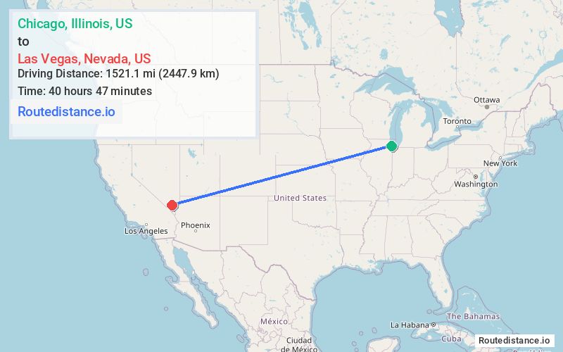 Route map from Chicago to Las Vegas