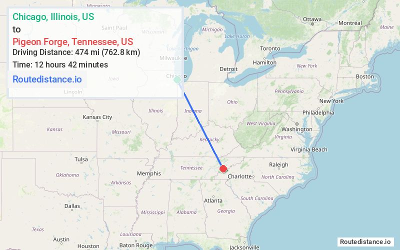 Route map from Chicago to Pigeon Forge
