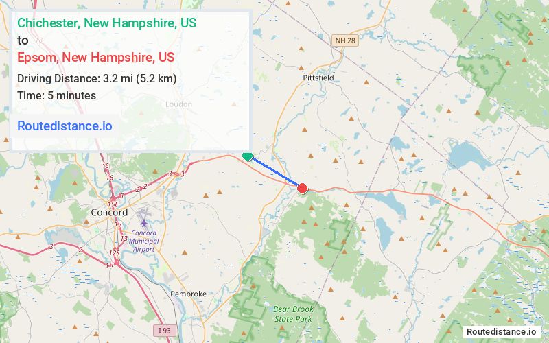 Route map from Chichester to Epsom