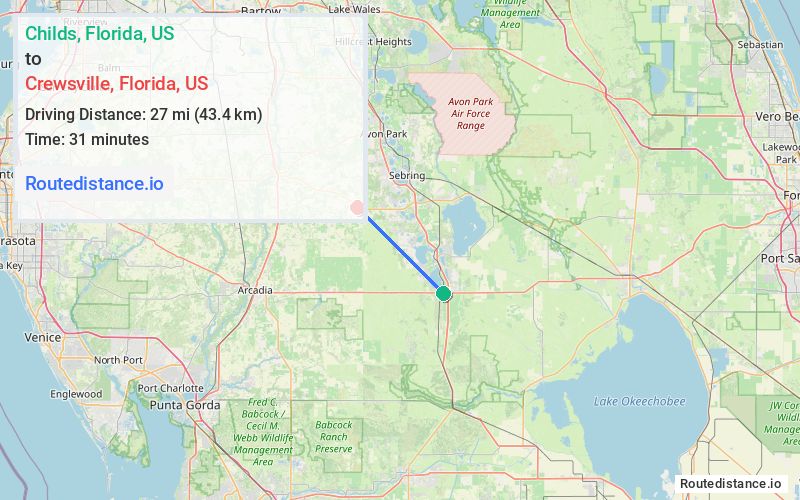 Route map from Childs to Crewsville
