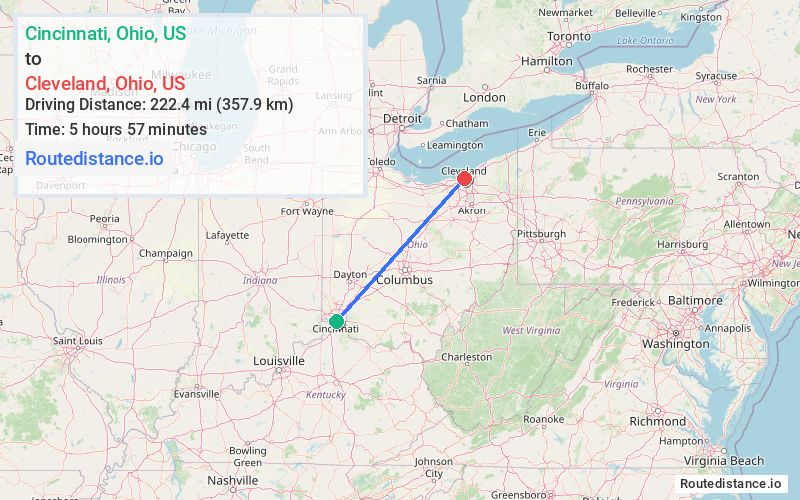 Route map from Cincinnati to Cleveland