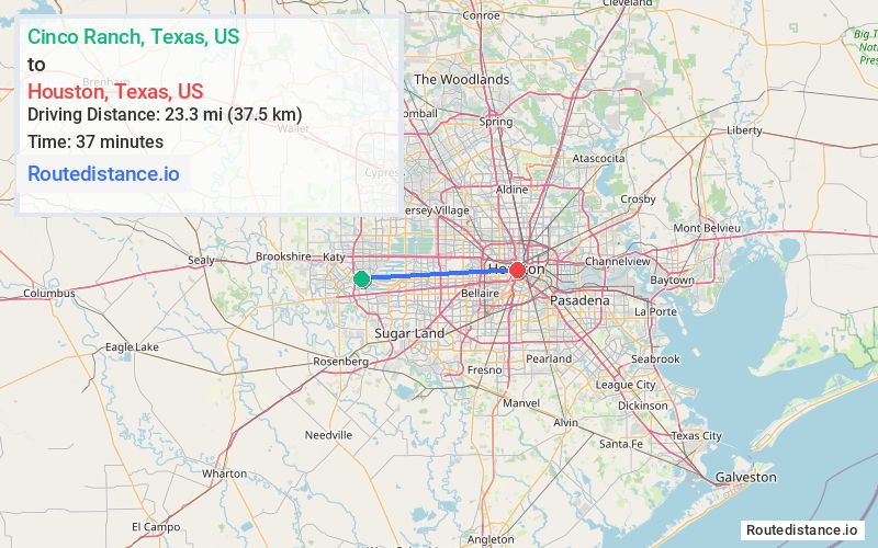 Route map from Cinco Ranch to Houston