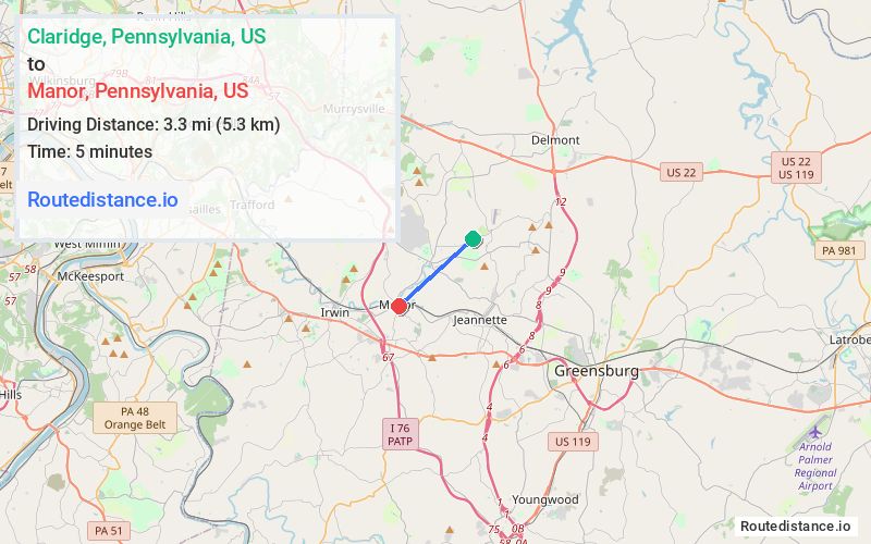 Route map from Claridge to Manor
