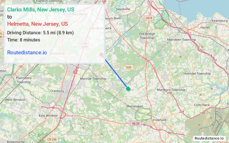 Route map from Clarks Mills to Helmetta