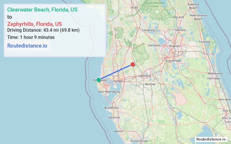 Route map from Clearwater Beach to Zephyrhills