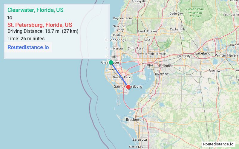 Route map from Clearwater to St. Petersburg