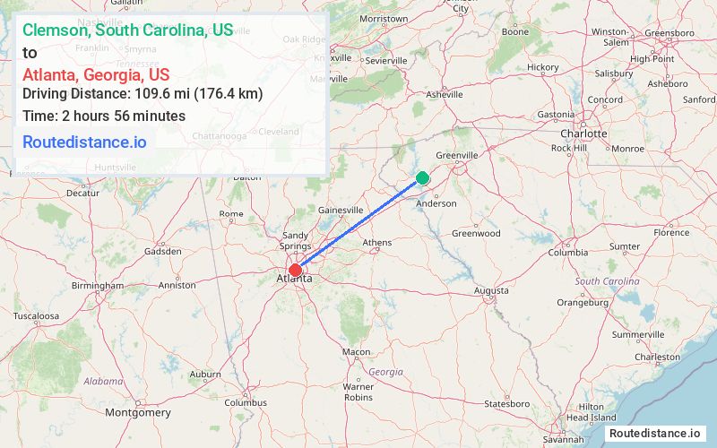 Route map from Clemson to Atlanta