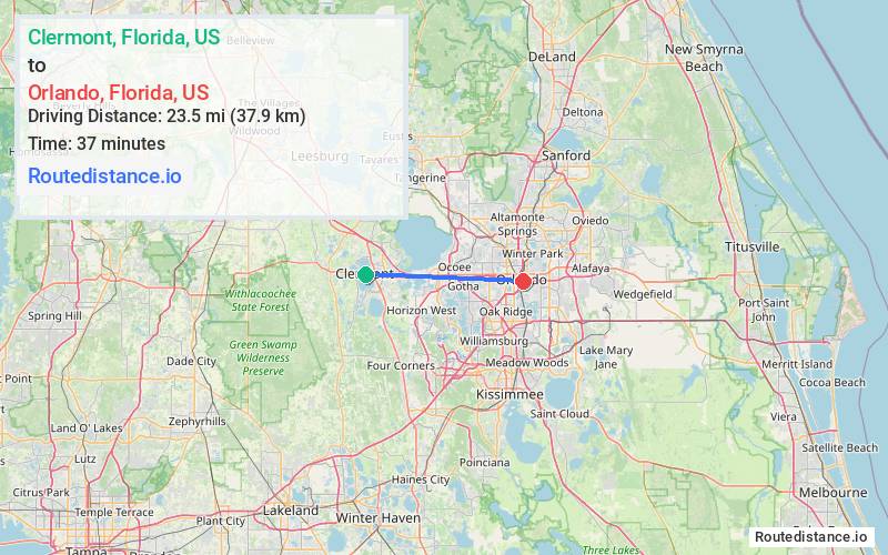 Route map from Clermont to Orlando