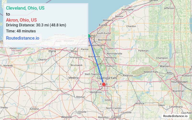 Route map from Cleveland to Akron