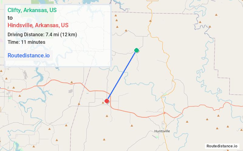 Route map from Clifty to Hindsville