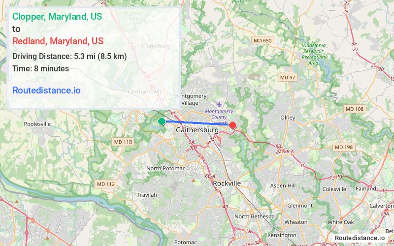 Distance from Clopper to Redland