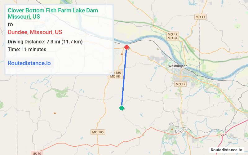 Route map from Clover Bottom Fish Farm Lake Dam to Dundee