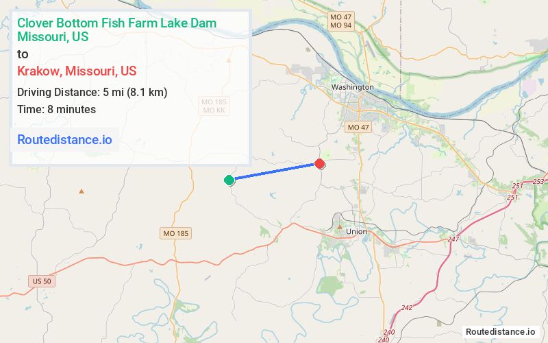 Route map from Clover Bottom Fish Farm Lake Dam to Krakow