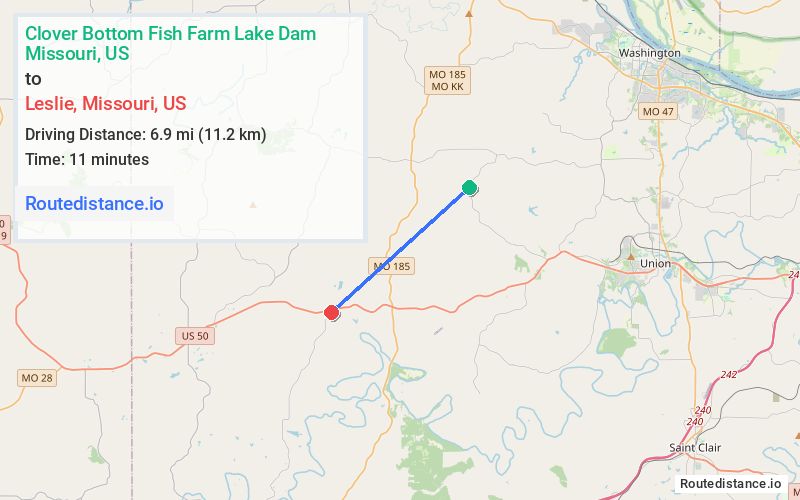Route map from Clover Bottom Fish Farm Lake Dam to Leslie