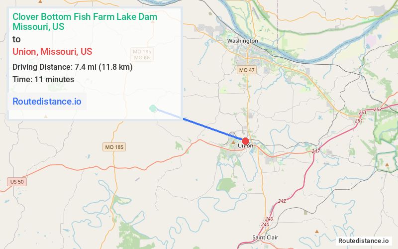 Route map from Clover Bottom Fish Farm Lake Dam to Union