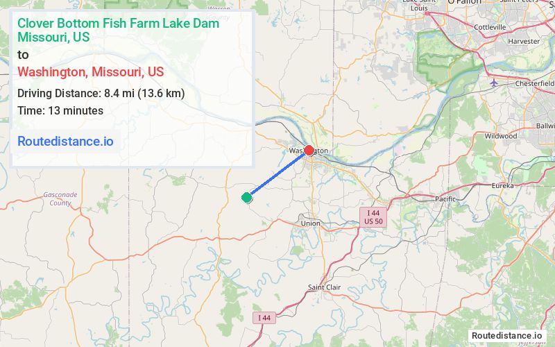 Route map from Clover Bottom Fish Farm Lake Dam to Washington