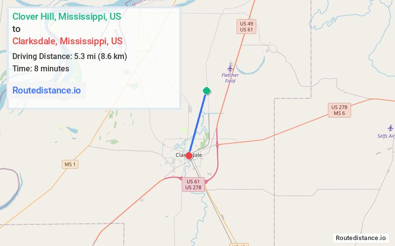 Route map from Clover Hill to Clarksdale