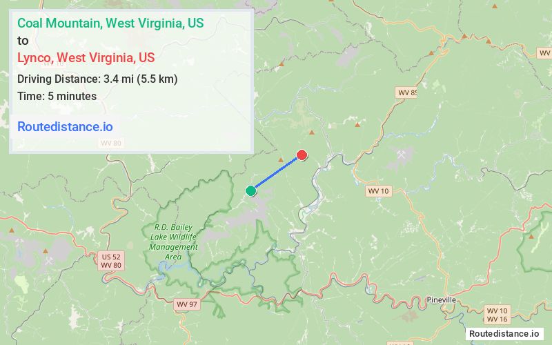 Route map from Coal Mountain to Lynco