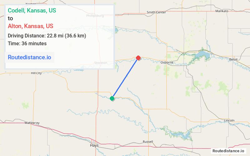 Route map from Codell to Alton