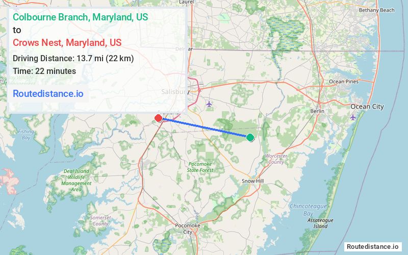 Distance from Colbourne Branch to Crows Nest