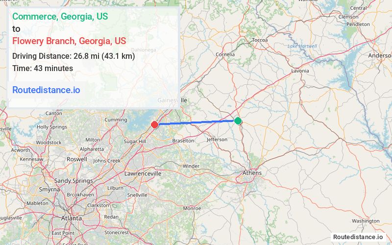 Route map from Commerce to Flowery Branch