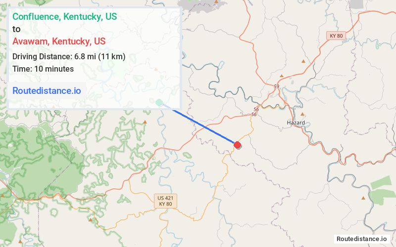 Route map from Confluence to Avawam