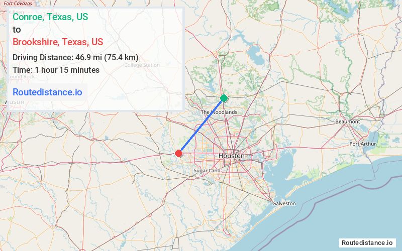 Route map from Conroe to Brookshire
