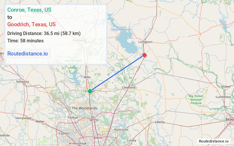 Route map from Conroe to Goodrich