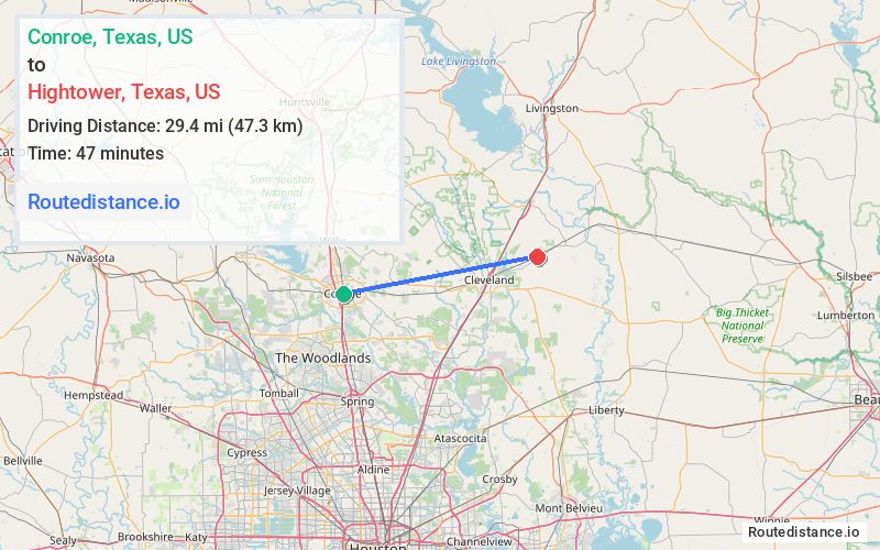 Route map from Conroe to Hightower