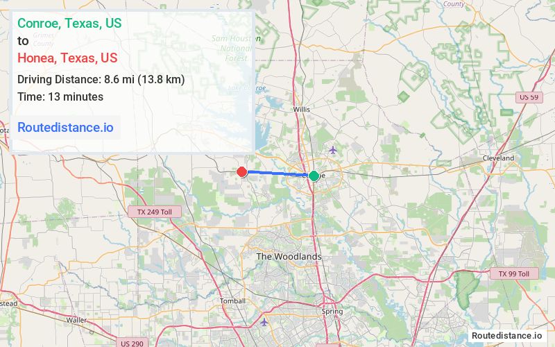 Distance from Conroe to Honea
