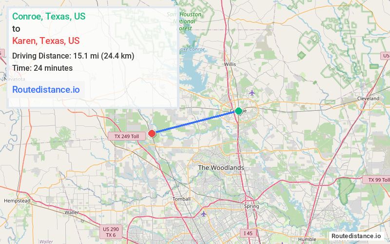 Distance from Conroe to Karen