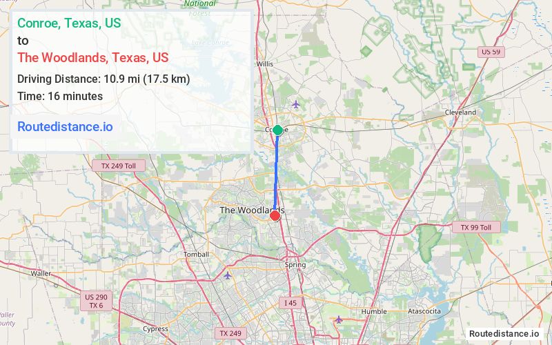 Distance from Conroe to The Woodlands