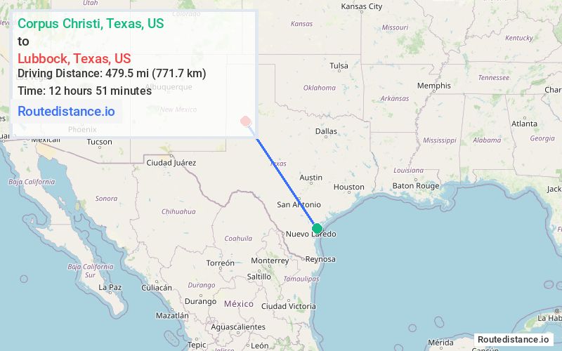 Route map from Corpus Christi to Lubbock