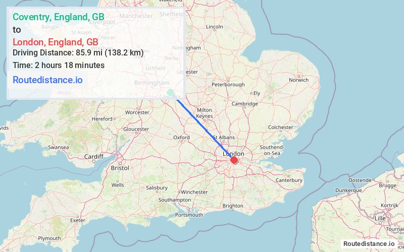 Route map from Coventry to London