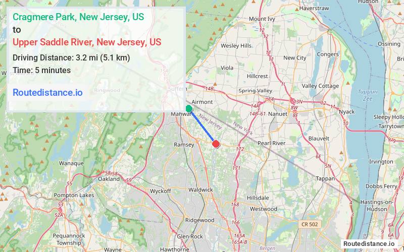 Route map from Cragmere Park to Upper Saddle River