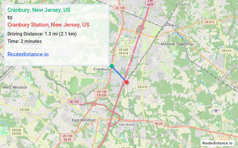 Route map from Cranbury to Cranbury Station