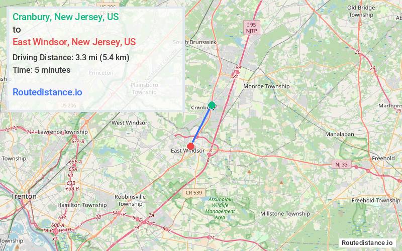 Route map from Cranbury to East Windsor