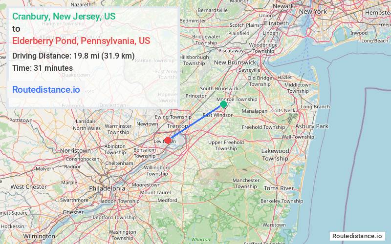 Route map from Cranbury to Elderberry Pond