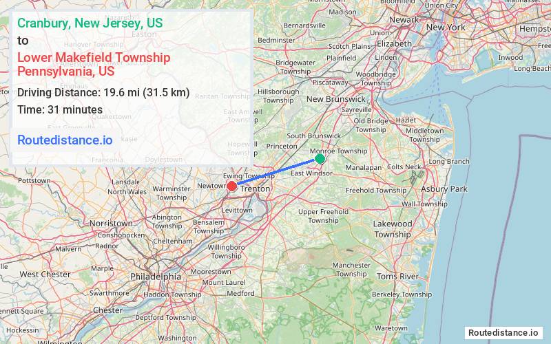 Route map from Cranbury to Lower Makefield Township