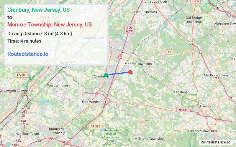 Route map from Cranbury to Monroe Township