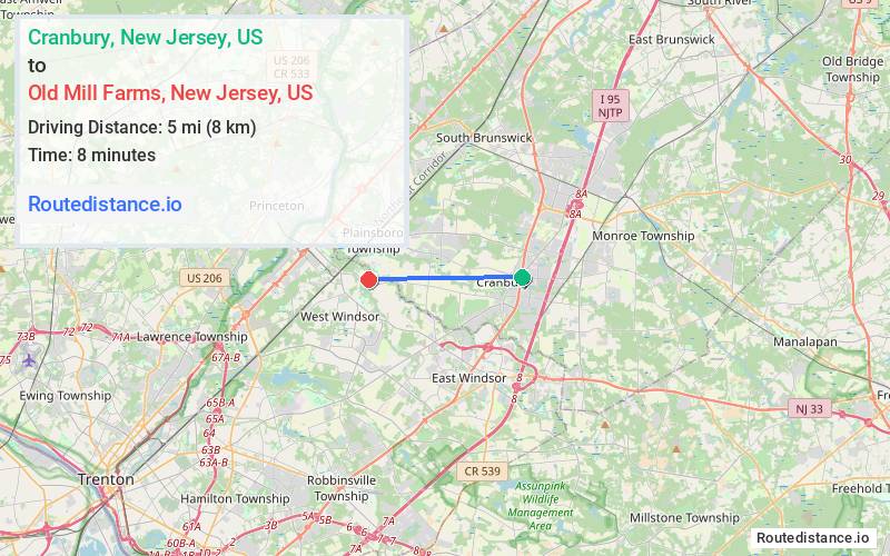 Route map from Cranbury to Old Mill Farms