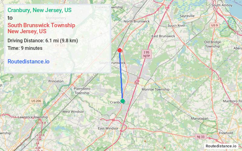 Route map from Cranbury to South Brunswick Township