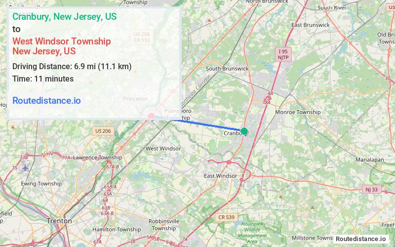 Route map from Cranbury to West Windsor Township