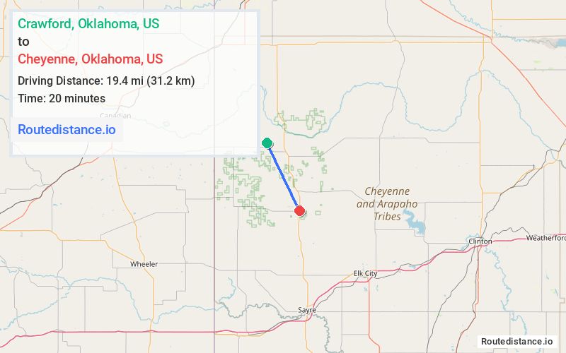 Route map from Crawford to Cheyenne
