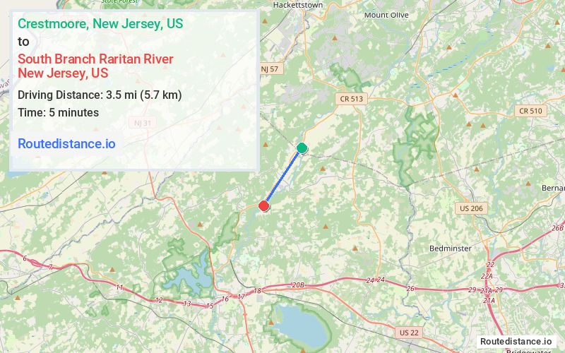 Route map from Crestmoore to South Branch Raritan River