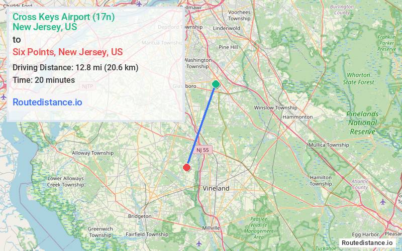 Route map from Cross Keys Airport (17n) to Six Points
